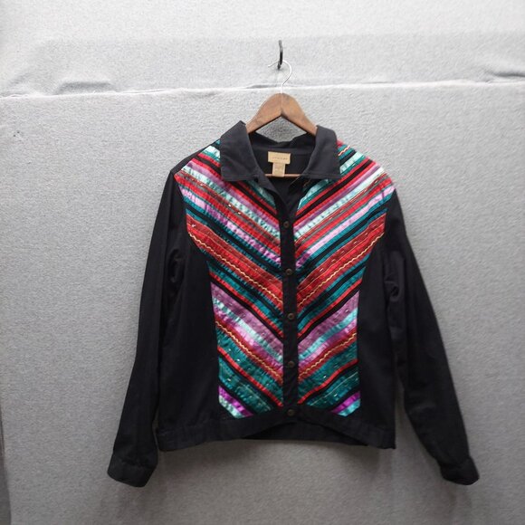 Choices Multicolor Embroidered Black Denim Jacket Button-Up Long Sleeve Womens M - Picture 1 of 3